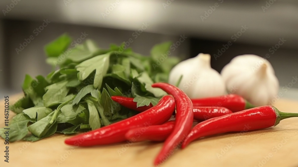 Fresh Red Chilies, Garlic Bulbs, and Green Parsley on Wooden Board Fresh Red Chilies, Garlic Bulbs, and Green Parsley on Wooden Board