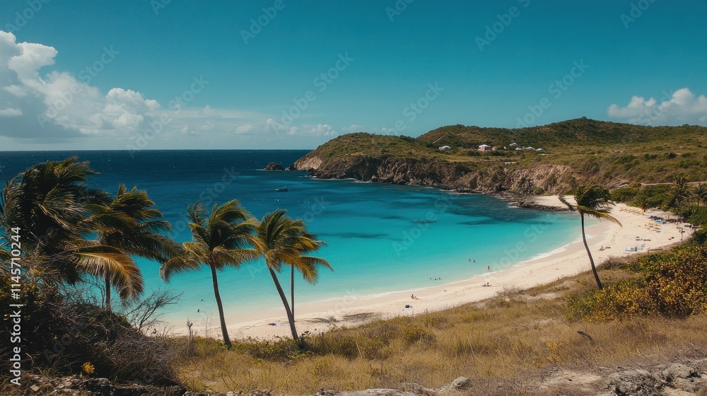 Secluded tropical beach cove with palm trees, turquoise water, and white sand. Secluded tropical beach cove with palm trees, turquoise water, and white sand.