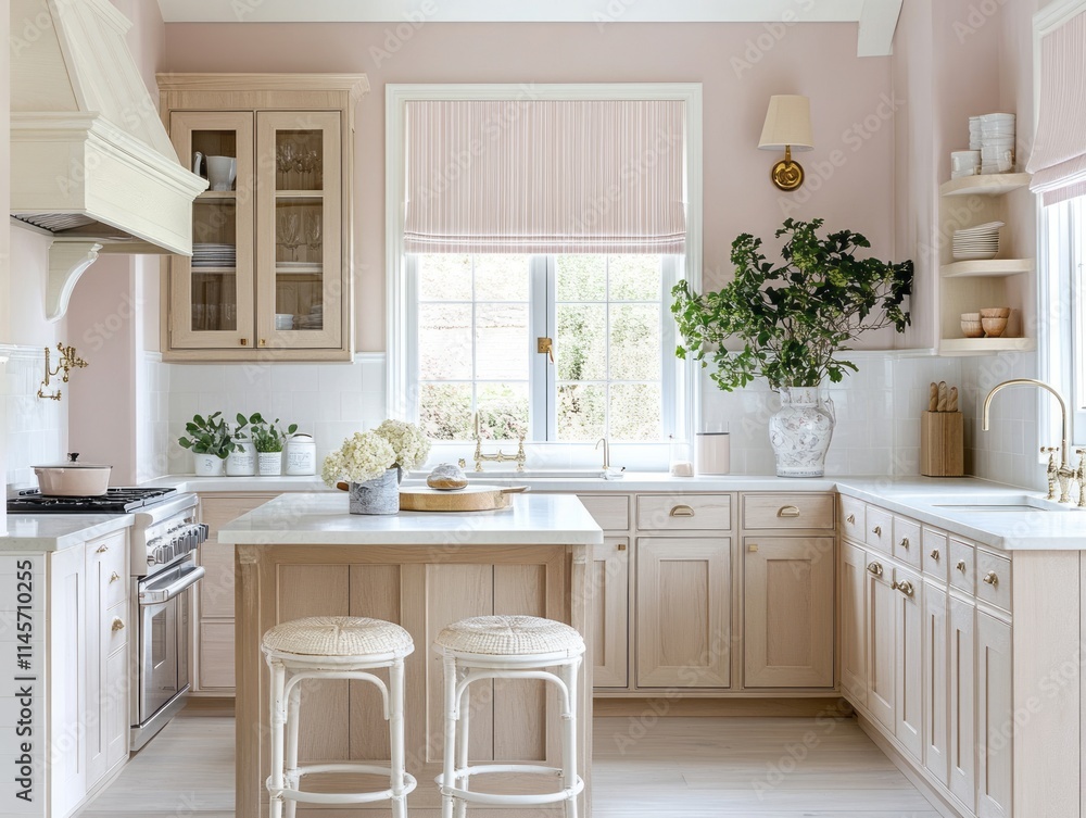 Fototapeta premium Elegant Light Kitchen Island With Beige Cabinets And Stools
