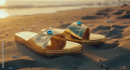 Sandals with sparkling faux gems that catch the light perfectly, set against a tranquil sandy beach. Their luxurious design enhances the beauty of an elegant coastal atmosphere. photo