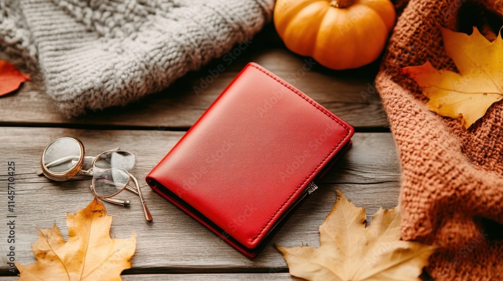 Fototapeta premium Cozy Autumn Still Life with Red Wallet, Pumpkin and Leaves