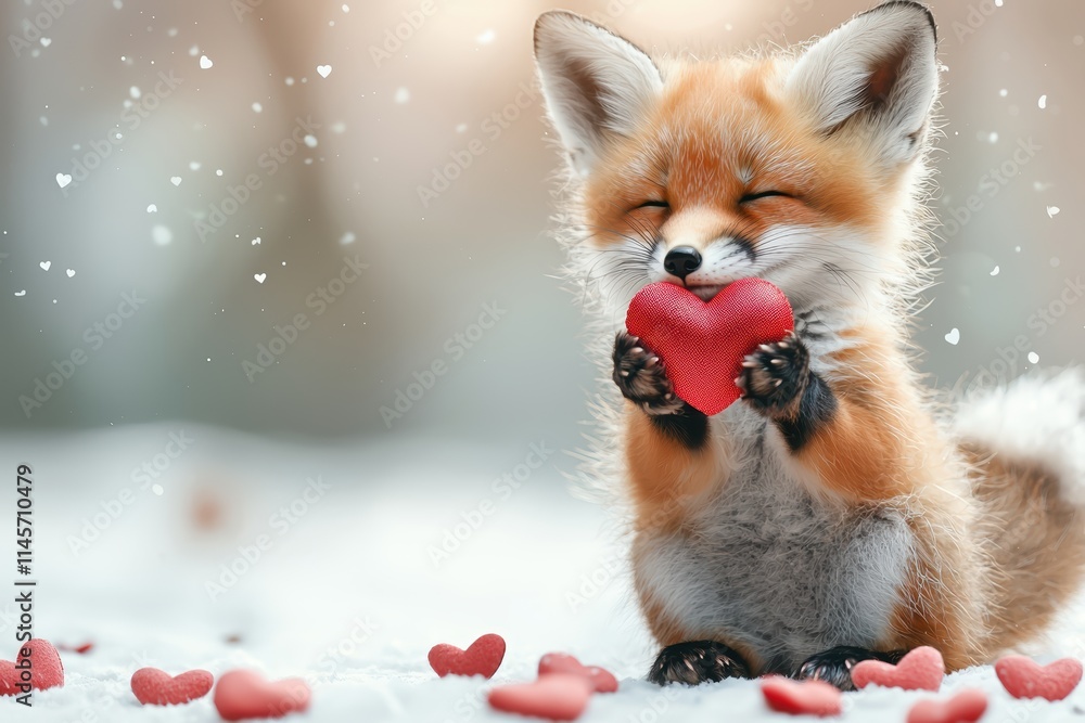 Obraz premium Playful baby fox with heart-shaped paw prints in nature cute animal photography winter wonderland joyful mood