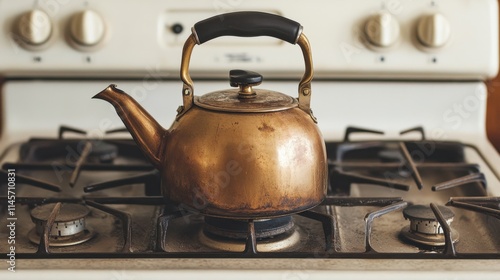Vintage Copper Teapot on Classic Gas Stove with Rustic Backdrop