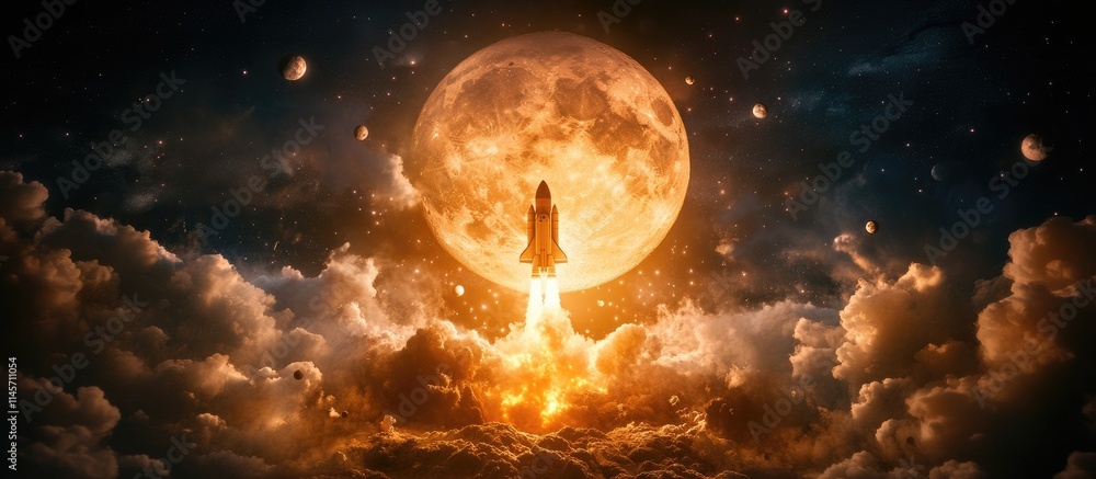 Obraz premium Spaceship launch with smoke and blast ascending toward a full moon in a dramatic sky showcasing the concept of space exploration and aerospace engineering