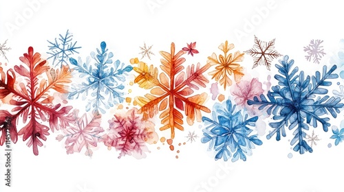 Colorful artistic snowflakes in various shapes and sizes on a white background for seasonal decoration and design projects.