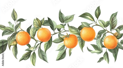 Tangerines with vibrant green leaves arranged artistically on a clean white background for fresh and lively design elements