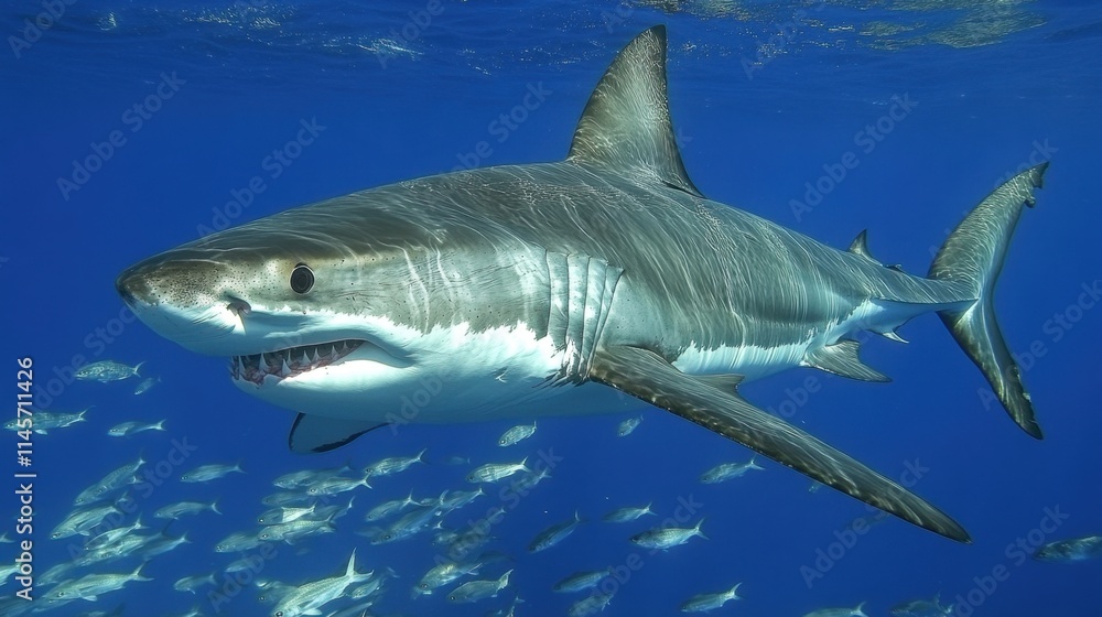 Fototapeta premium Majestic Shark Swimming Gracefully in Clear Blue Ocean Waters