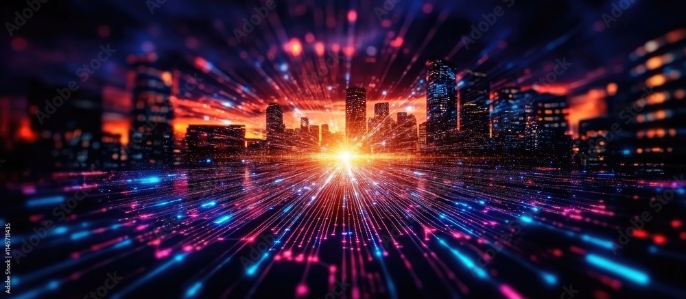 Holographic code concepts illuminating a modern city skyline showcasing artificial intelligence and neural networks in a vibrant multiexposure scene Holographic code concepts illuminating a modern city skyline showcasing artificial intelligence and neural networks in a vibrant multiexposure scene