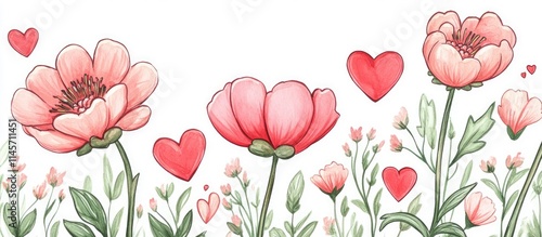 Floral greeting card design with pink peony flowers and heart shapes for romantic or cheerful occasions