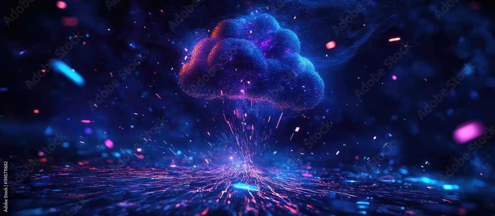 Futuristic cloud technology concept depicting data exchange and storage with vibrant particles illustrating an AI-driven document management system Futuristic cloud technology concept depicting data exchange and storage with vibrant particles illustrating an AI-driven document management system