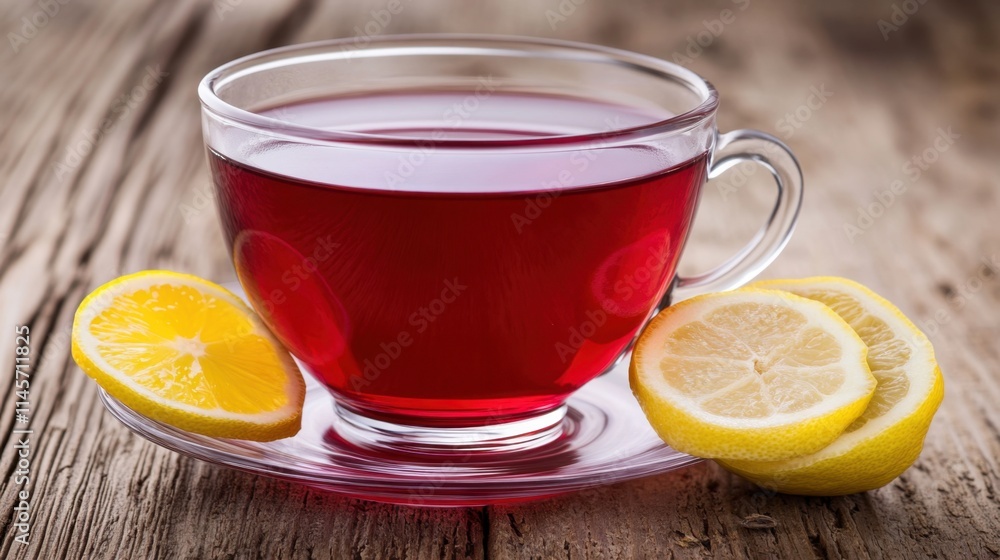 Refreshing Herbal Tea with Lemon Slices on Wooden Table Surface Refreshing Herbal Tea with Lemon Slices on Wooden Table Surface