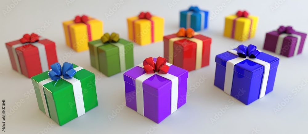 Colorful gift boxes arranged artistically on a white surface ideal for celebrations and festive occasions Colorful gift boxes arranged artistically on a white surface ideal for celebrations and festive occasions