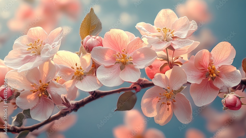 Blossoming apple tree branches adorned with delicate pink and white flowers against a soft blurred background of springtime hues Blossoming apple tree branches adorned with delicate pink and white flowers against a soft blurred background of springtime hues
