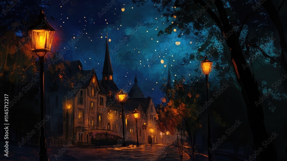 Naklejka premium Dreamy street scene with glowing lamps illuminating a quiet town under a starry night sky surrounded by trees and historic architecture.