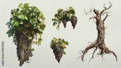 Vitis vinifera grapevine with clusters of grapes and twisted roots in various stages of growth and decay