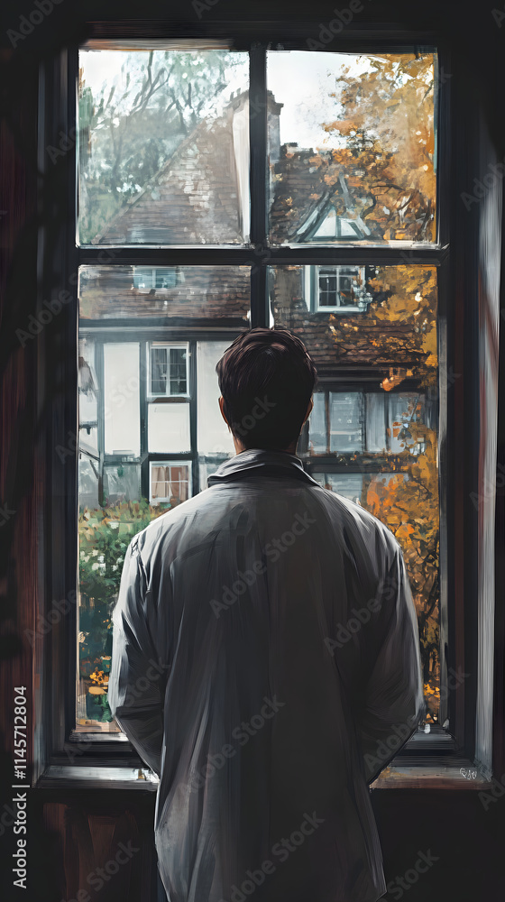 Man Viewing Autumnal House Row from Window Man Viewing Autumnal House Row from Window