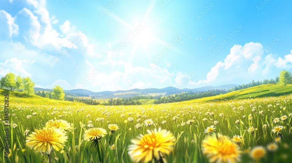 Fototapeta premium Vibrant meadow filled with blooming dandelions under a clear sunny sky in springtime nature landscape scenery.