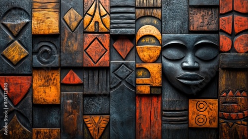 Fototapeta Naklejka Na Ścianę i Meble -  African wood and texture with geometric background, tribal art wallpaper carving, traditional decoration, illustration with 3D graphic and abstract pattern or paint for dynamic shape.