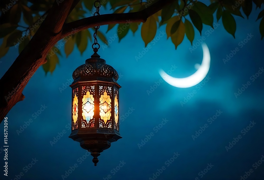 Ornate Lantern Hanging from Tree with Crescent Moon Ornate Lantern Hanging from Tree with Crescent Moon