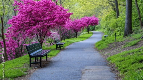 Serene Pathway Surrounded by Vibrant Pink Trees in Spring Garden