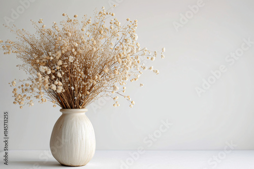 Boho Dried Flowers Still Life Clay Vase with copy Space