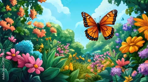 Vibrant summer garden filled with colorful flowers and a butterfly in a lush natural setting under a bright blue sky photo