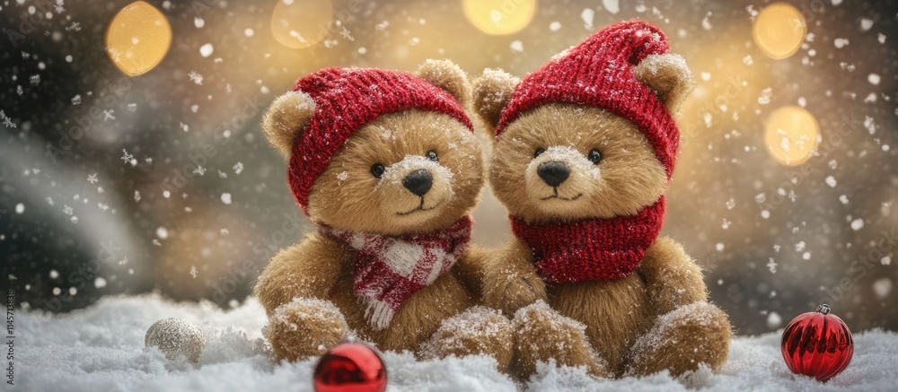 Adorable teddy bears wearing cozy winter hats surrounded by festive decorations in a snowy setting perfect for holiday-themed imagery. Adorable teddy bears wearing cozy winter hats surrounded by festive decorations in a snowy setting perfect for holiday-themed imagery.