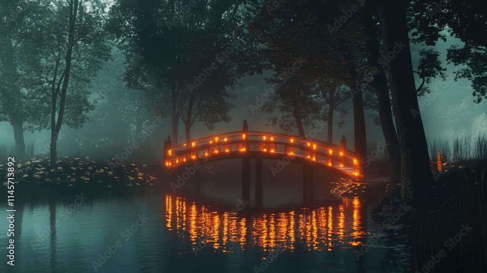 Fototapeta premium Illuminated bridge at night surrounded by misty water and trees creating a serene and magical atmosphere in nature.