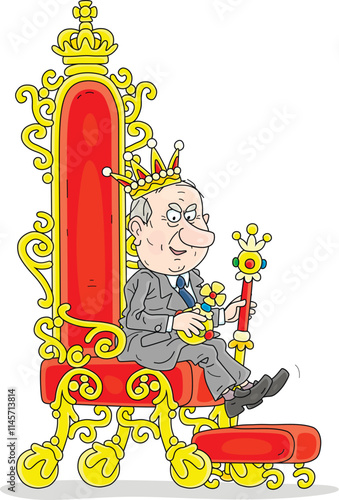 Funny government official with a king crown, imagined himself a great emperor and sitting on a royal golden throne in a palace, vector cartoon illustration isolated on a white background