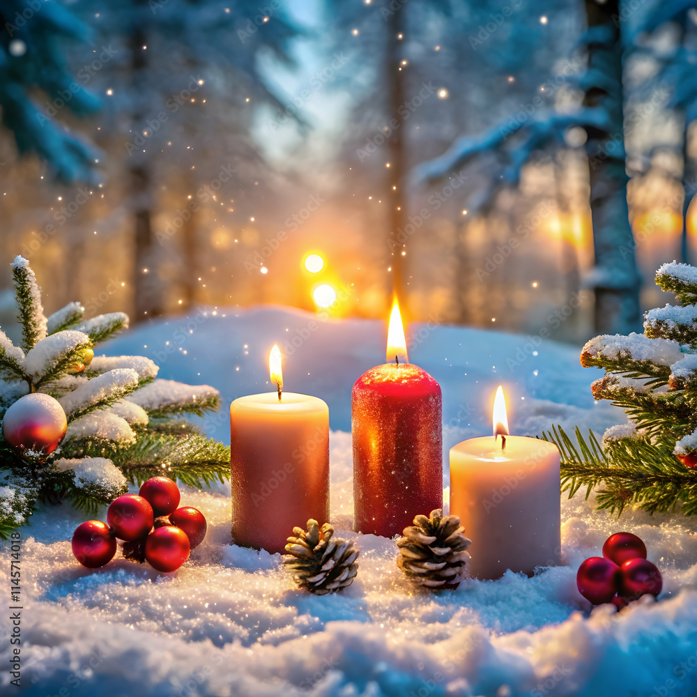 Christmas decorations with candles on a snowy Christmas decorations with candles on a snowy