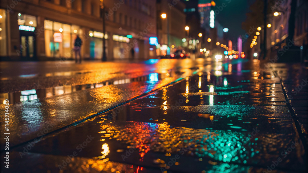 Close-up of wet asphalt road in a city at night reflected of colorful lights from buildings and streetlamps. Created with Generative AI. Close-up of wet asphalt road in a city at night reflected of colorful lights from buildings and streetlamps. Created with Generative AI.