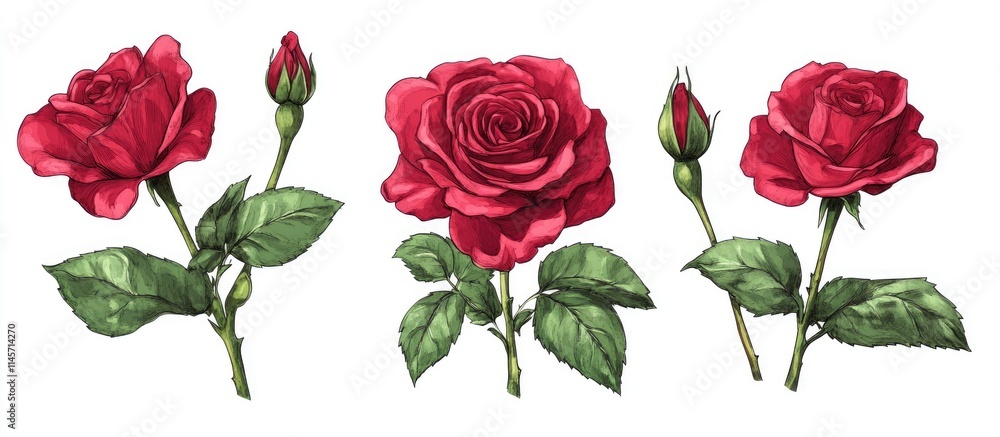 Naklejka premium Vintage botanical illustration of red roses showcasing buds and blooms from the Rosa genus with detailed leaves and petals.