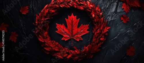 Maple leaf surrounded by a traditional wreath on a dark textured background symbolizing pride and heritage in a patriotic setting