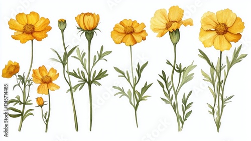 Wallpaper Mural Illustration of Tagetes tenuifolia showcasing various stages of the golden marigold plant with yellow flowers and green foliage Torontodigital.ca