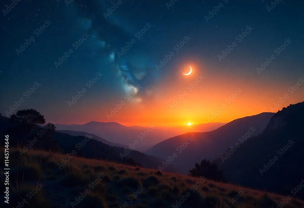 Fototapeta premium Mountain Landscape with Crescent Moon at Sunset