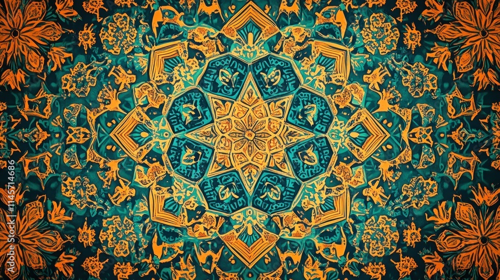 Intricate teal and gold mandala with symmetrical patterns. Intricate teal and gold mandala with symmetrical patterns.