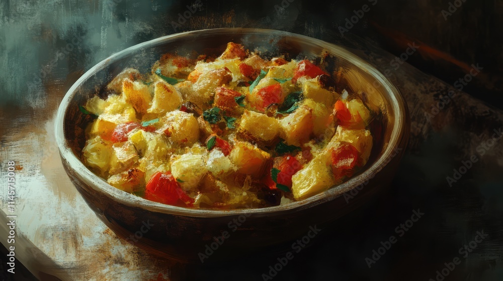 Savory oven roasted turkey stuffing with vegetables and herbs in a rustic bowl on a wooden surface Savory oven roasted turkey stuffing with vegetables and herbs in a rustic bowl on a wooden surface