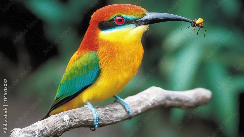 Obraz premium Colorful Tropical Bird with Insect on a Branch Isolated in Nature