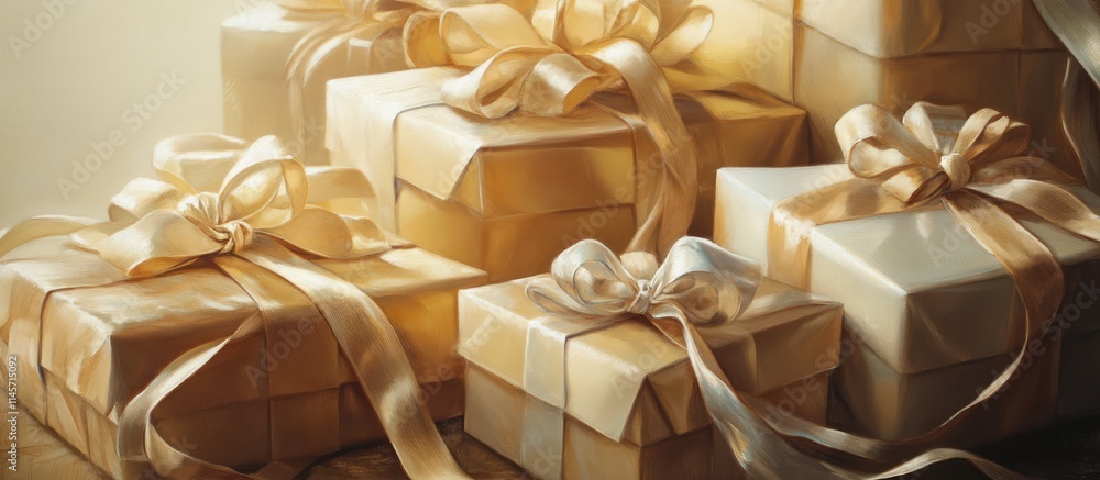 Elegant golden gift boxes adorned with bows and ribbons creating a luxurious and festive atmosphere for celebrations and special occasions Elegant golden gift boxes adorned with bows and ribbons creating a luxurious and festive atmosphere for celebrations and special occasions