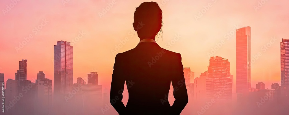 Businesswoman silhouettes idea. Silhouette of a business professional against a vibrant city skyline at sunset. Businesswoman silhouettes idea. Silhouette of a business professional against a vibrant city skyline at sunset.
