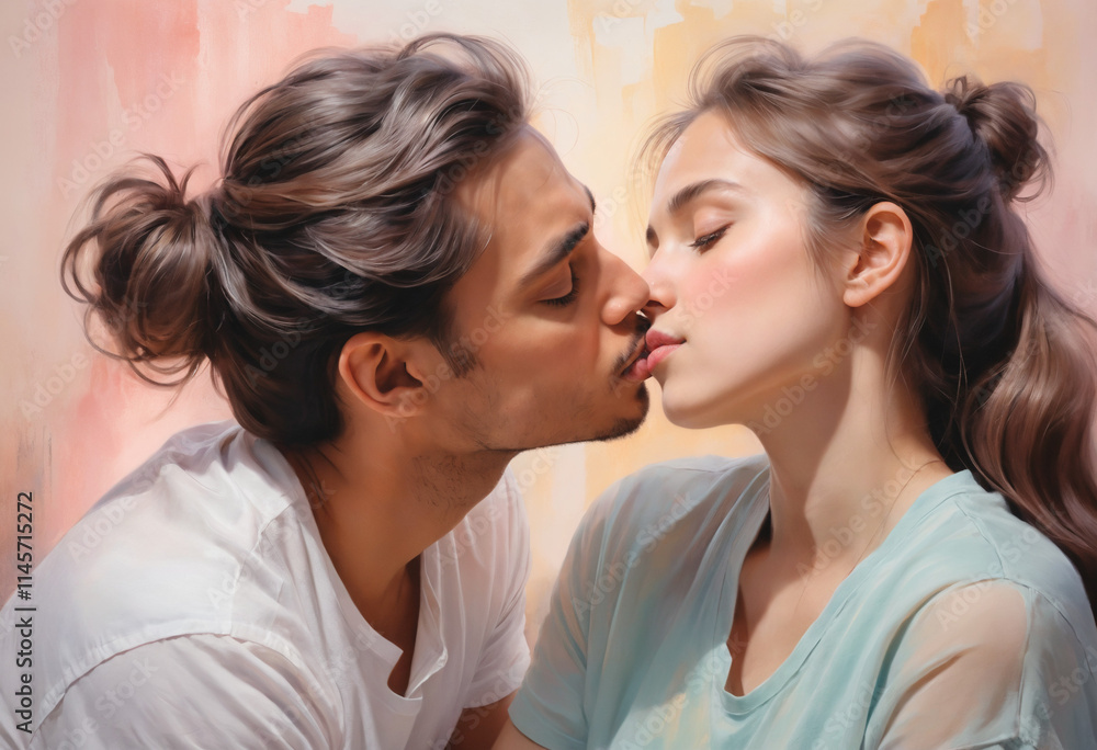 Loving couple sharing a sweet kiss in warm pastel tones Loving couple sharing a sweet kiss in warm pastel tones
