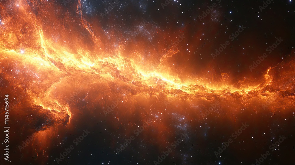 Naklejka premium An abstract space scene with light and stars in a nebula represents the universe, astronomy, and the cosmic beauty, with astral shine highlighting the wonders of the solar system and galaxy.