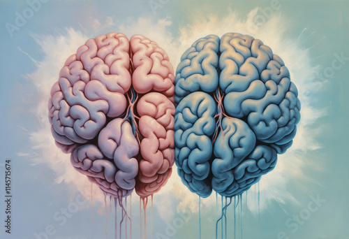 Connected blue and pink brains radiating vibrant energy