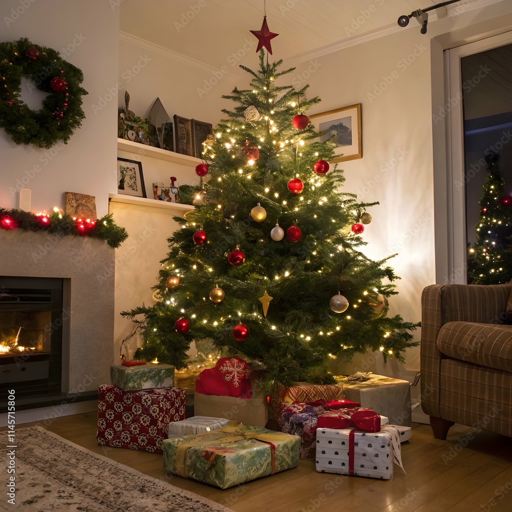 Christmas tree with ornaments and twinkling lights Christmas tree with ornaments and twinkling lights