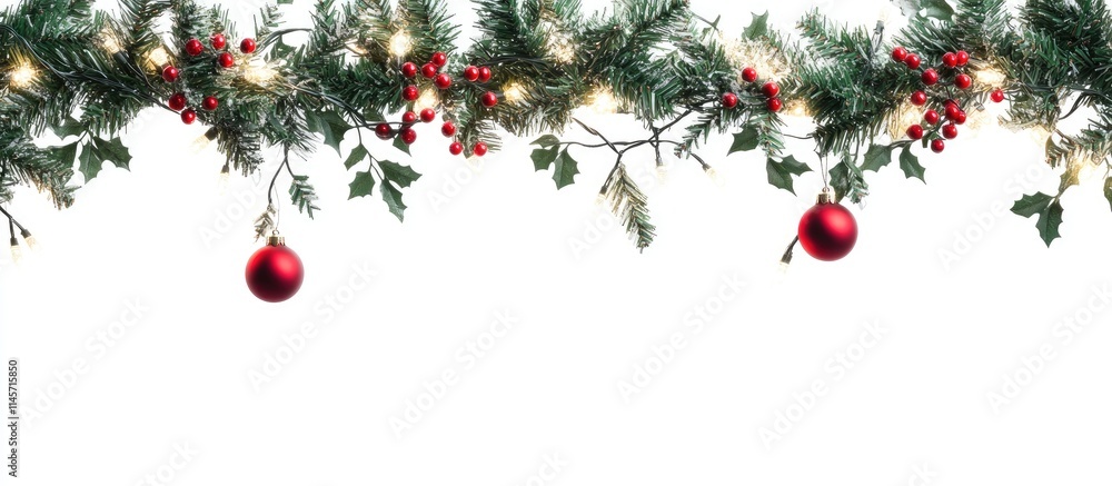 Christmas garland with red ornaments and warm lights on a white background perfect for holiday decorations and seasonal themes Christmas garland with red ornaments and warm lights on a white background perfect for holiday decorations and seasonal themes