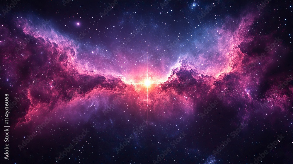 An abstract universe with a shining star in a nebula represents astronomy, explosions, and the cosmic beauty, with a purple background highlighting the wonders of the solar system and galaxy. An abstract universe with a shining star in a nebula represents astronomy, explosions, and the cosmic beauty, with a purple background highlighting the wonders of the solar system and galaxy.