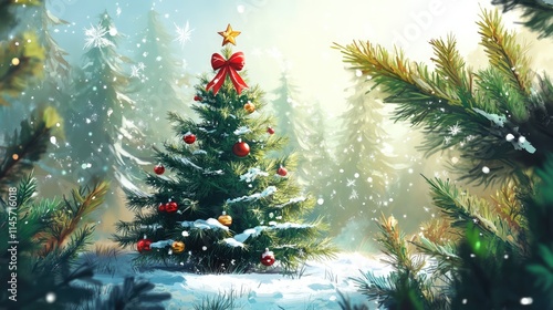 Festive Christmas Tree Adorned with Decorations in Snowy Forest Serenity Inducing Winter Wonderland Scene with Fir Branches and Snowflakes