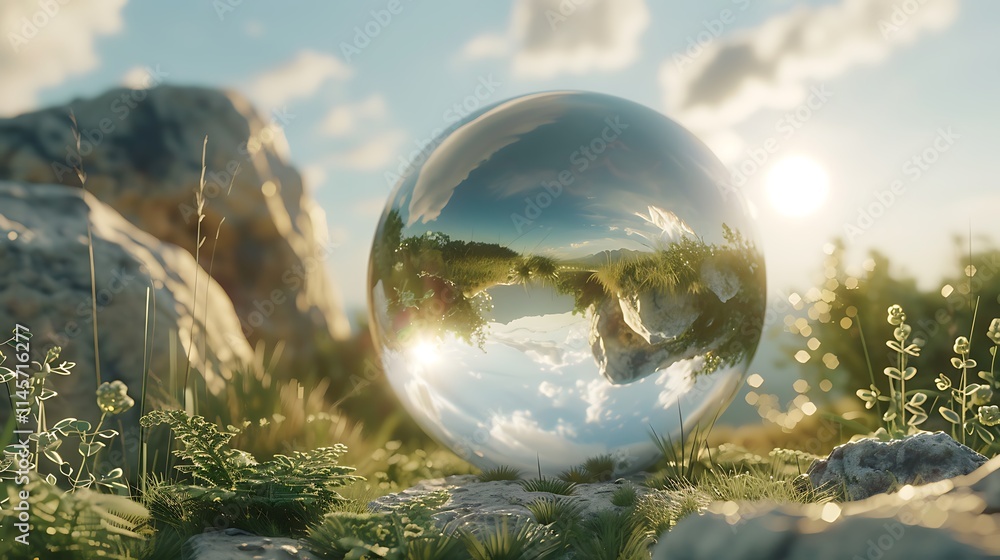 A smooth, glossy ball reflecting the surrounding landscape under bright sunlight.