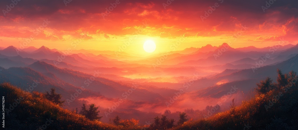 Obraz premium Serene sunset over rolling hills creating a breathtaking landscape bathed in warm golden hues and dramatic clouds.