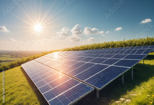 Solar panels on hillside in bright sunlight